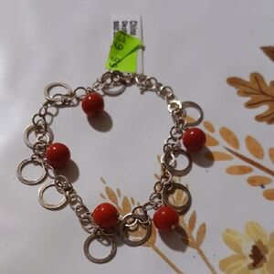 Elegant Sterling Silver Red Stone  Beaded Bracelet Marked 925. 7 1/2 Inches